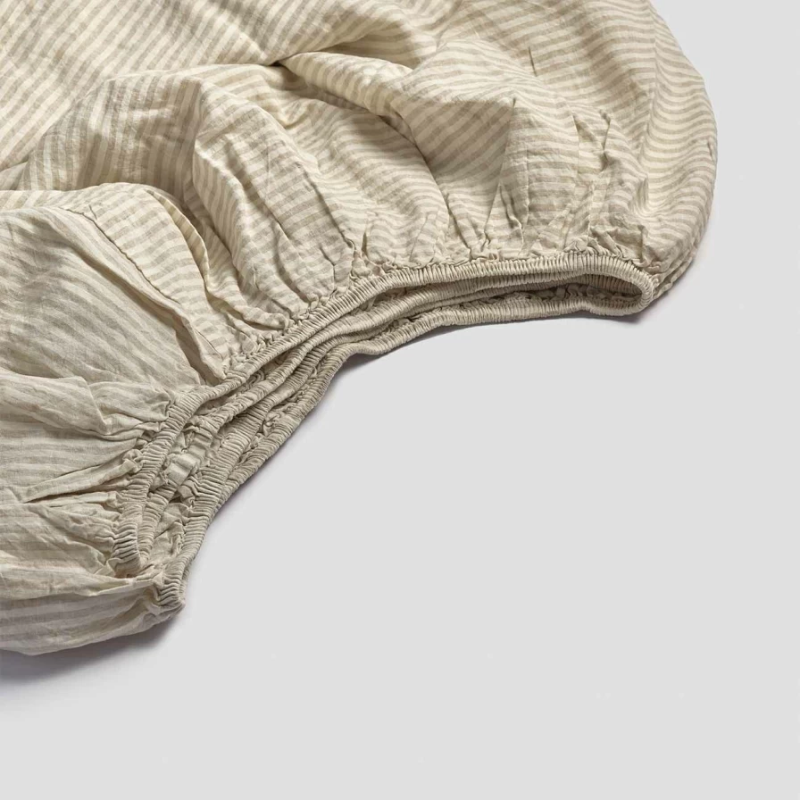 Piglet in Bed 100% Linen Fitted Sheet - Soft Oatmeal Stripe for Comfort & Breathability