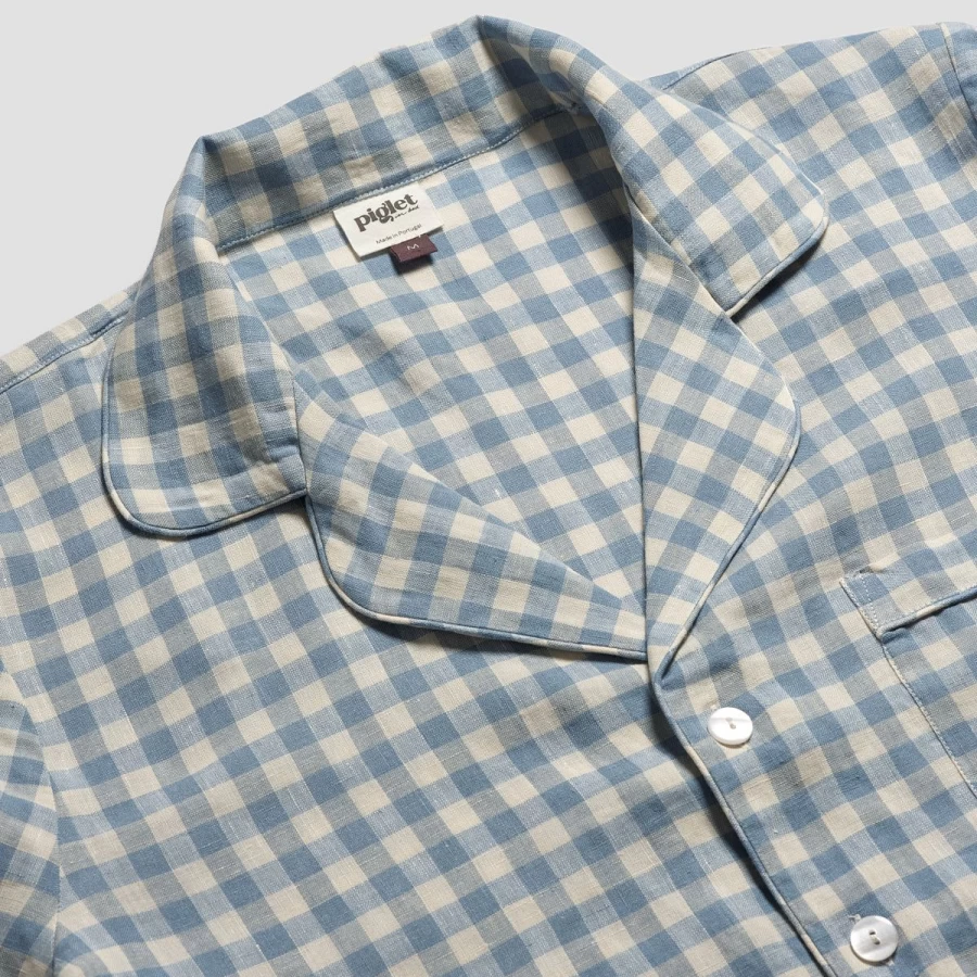 Piglet in Bed Men's Blue Gingham Linen Pyjama Shirt - Warm & Comfortable Sleepwear