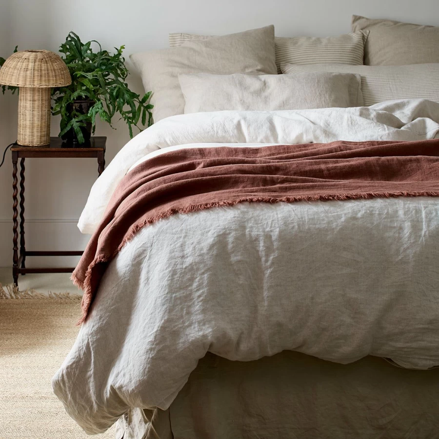 Piglet in Bed Barley Brown Linen Crinkle Throw - Organic Cotton Blend Woven Blanket for Cozy Home Decor