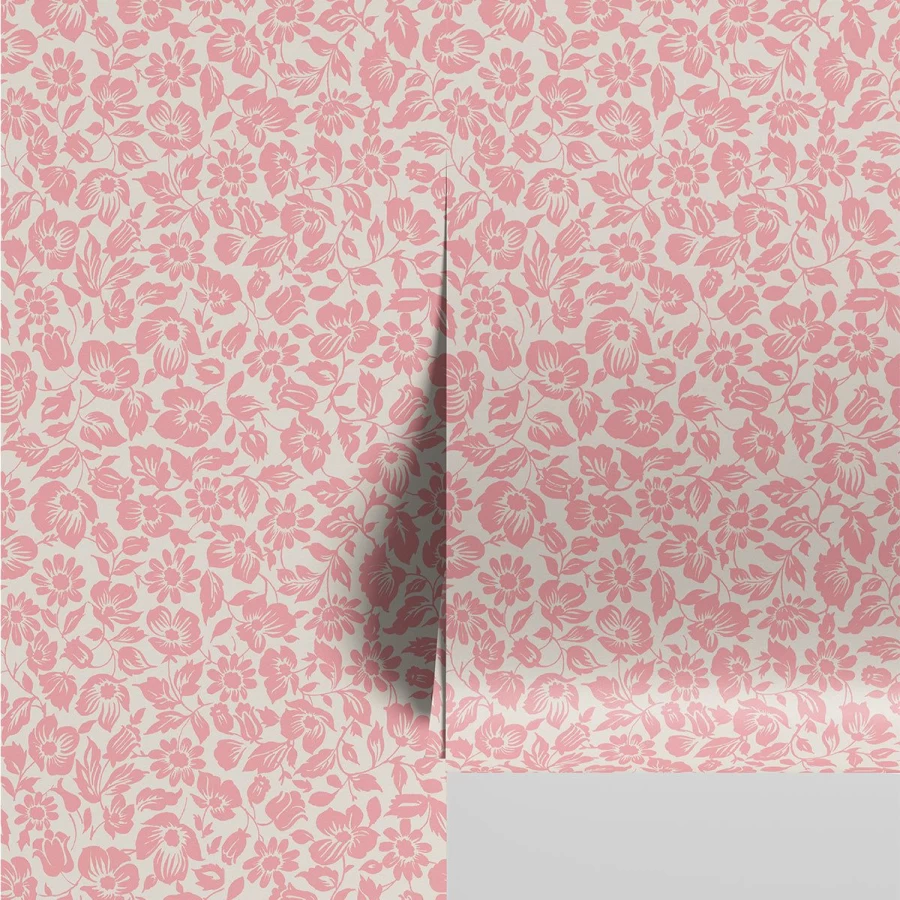 "Piglet in Bed Pink Bloom Meadow Floral Wallpaper – Vintage Botanical Peel & Stick Wallpaper"