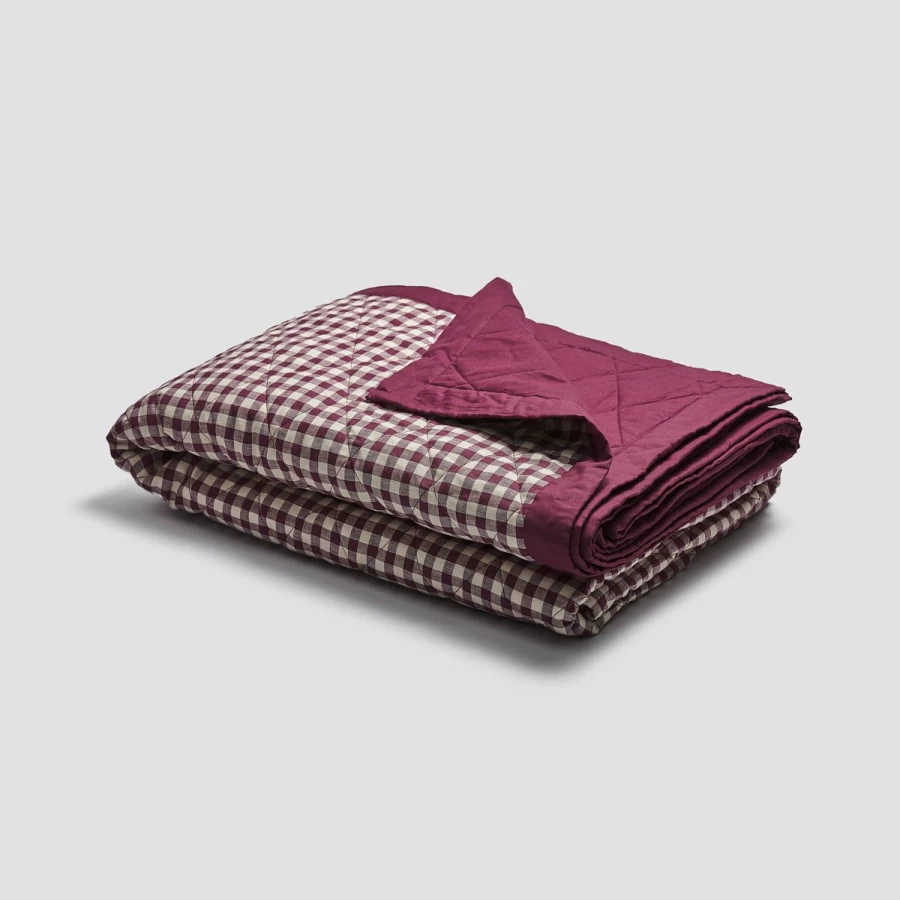 Piglet in Bed Berry Gingham Linen Quilt - Premium Cotton Blend Bedspread, Reversible Summer Throw, Lightweight Breathable Blanket