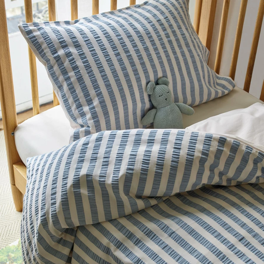 "Piglet in Bed Blue Seersucker Striped Cotton Kids Bedding Set – Soft & Cozy"