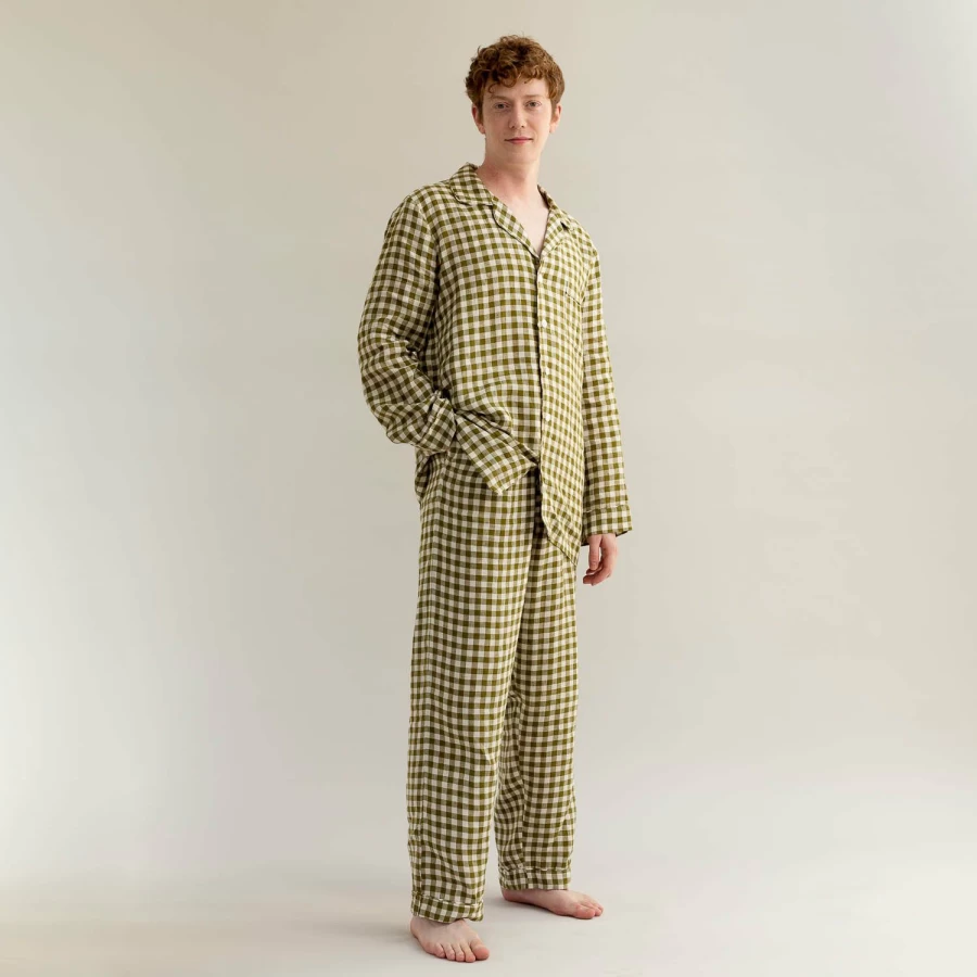Piglet in Bed Men's Botanical Green Gingham Linen Pajama Set - Relaxing Sleepwear