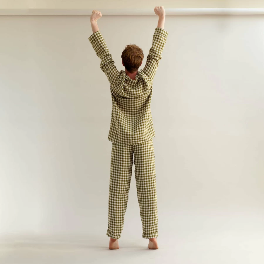Piglet in Bed Men's Botanical Green Gingham Linen Pajama Set - Relaxing Sleepwear