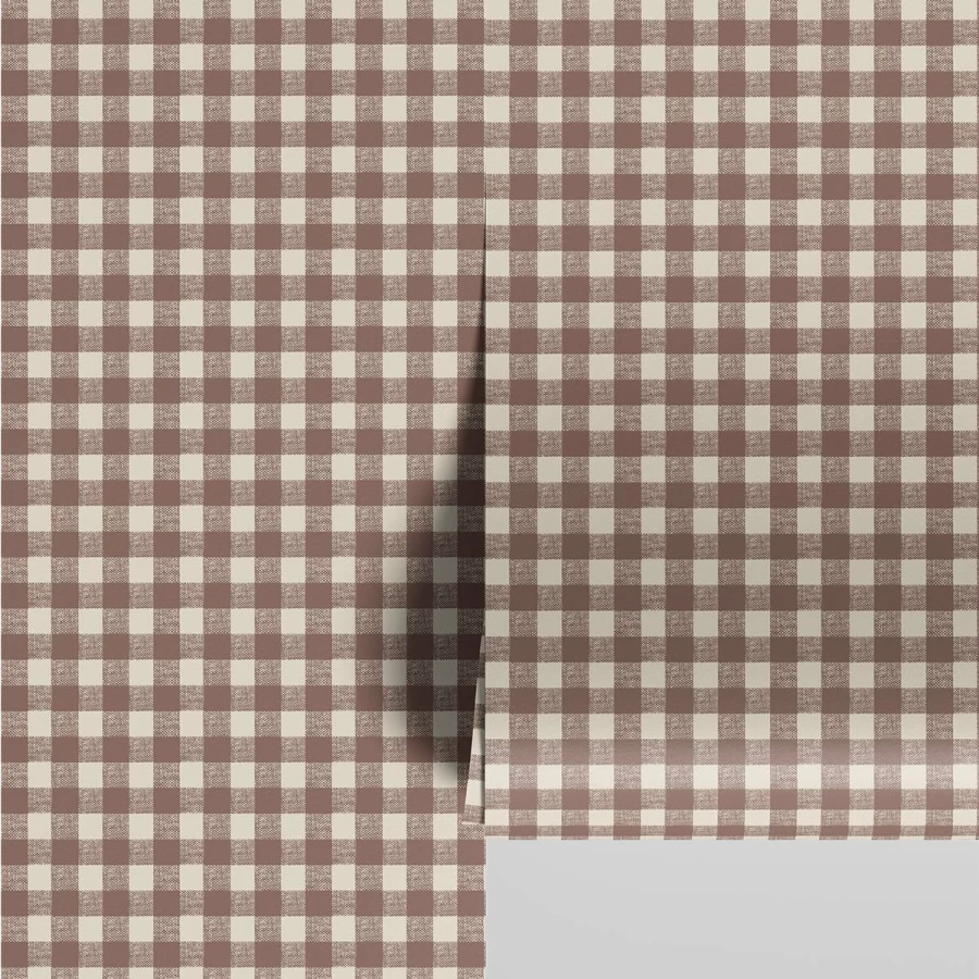 Piglet in Bed Barley Brown Gingham Check Wallpaper – Traditional Textured Design