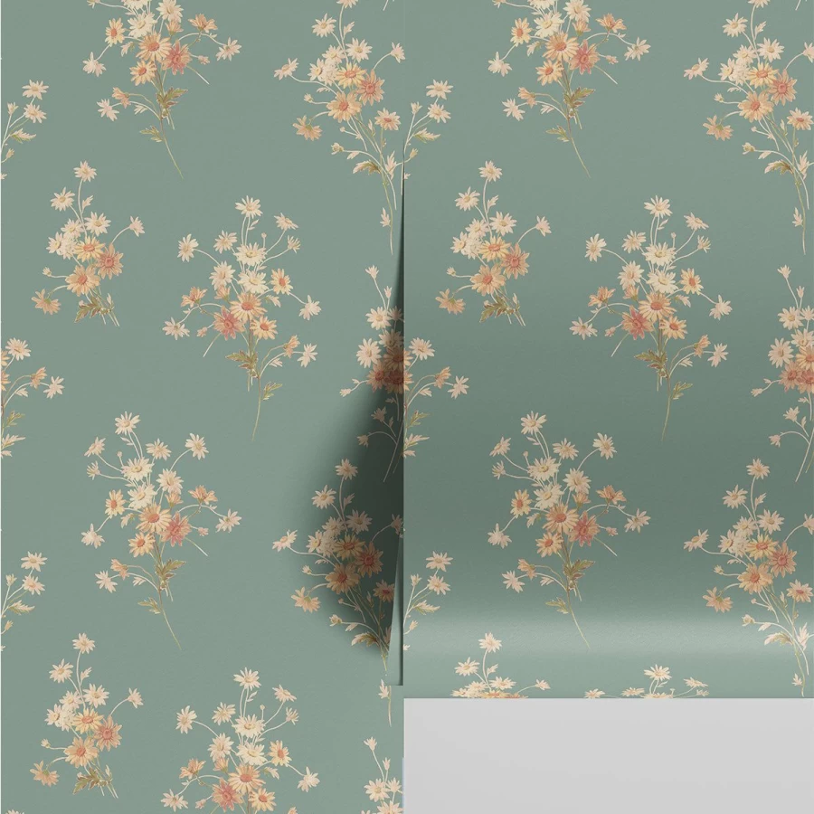 "Piglet in Bed Laurel Green Daisy Bouquet Wallpaper – Floral Botanical Peel and Stick Wallpaper"