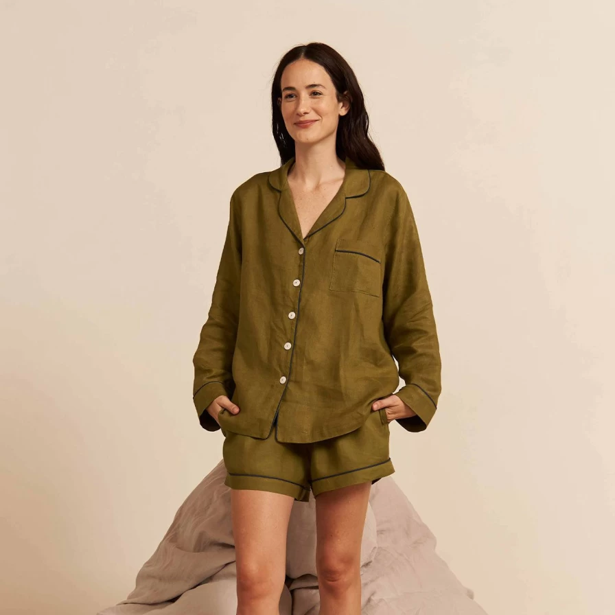 Piglet in Bed Women's Moss Green Linen Pyjama Shorts Set - Breathable Summer Sleepwear