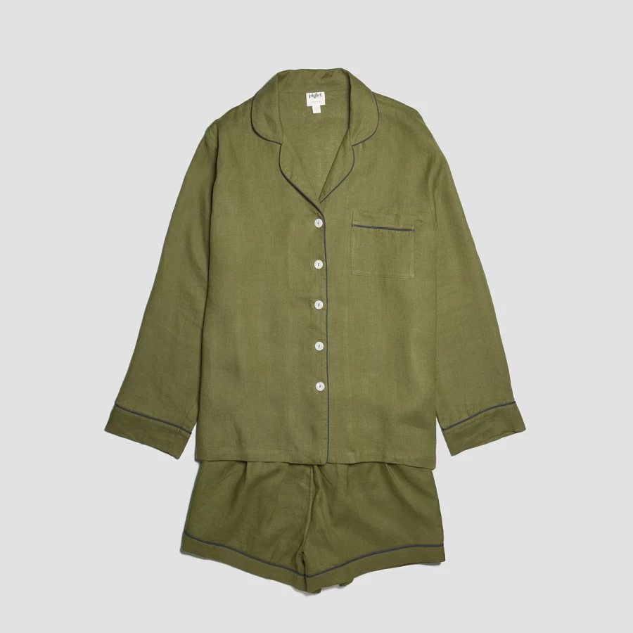 Piglet in Bed Women's Moss Green Linen Pyjama Shorts Set - Breathable Summer Sleepwear