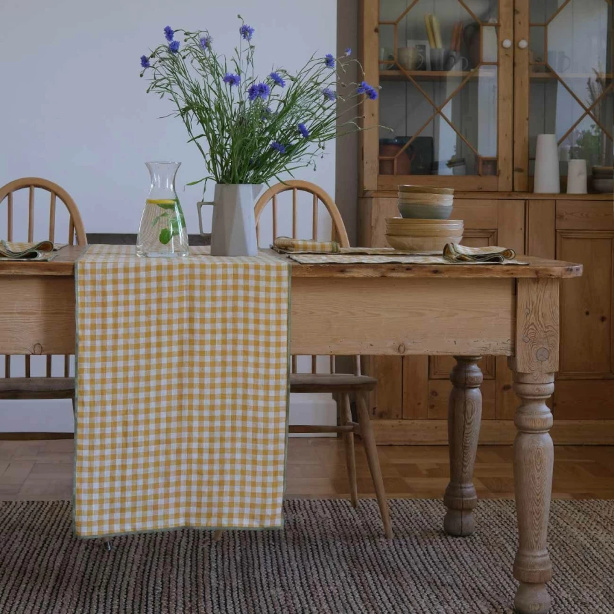 Piglet in Bed Honey Gingham Linen Table Runner - Rustic Checkered Kitchen Dining Decor