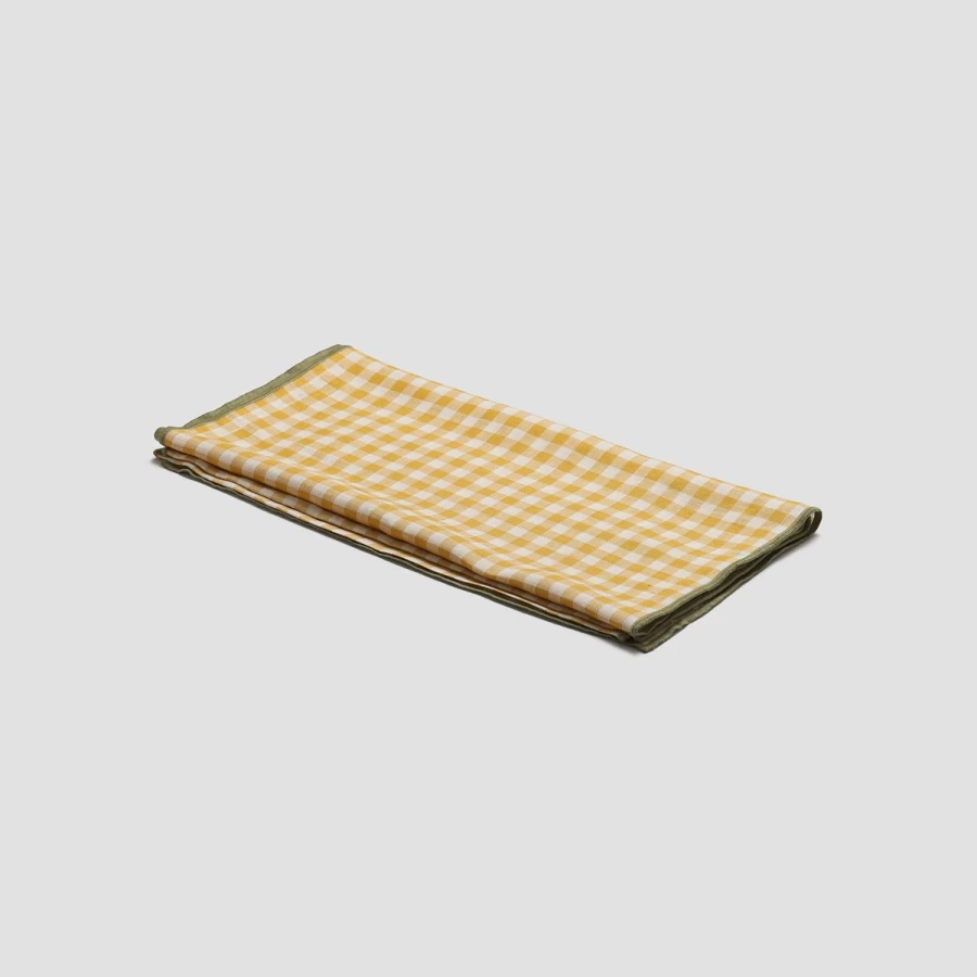 Piglet in Bed Honey Gingham Linen Table Runner - Rustic Checkered Kitchen Dining Decor