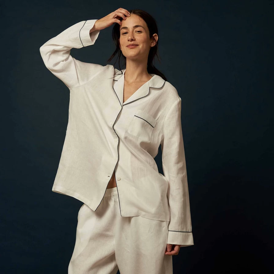 Piglet in Bed Women's White Linen Pyjama Shirt - Breathable Sleep Top