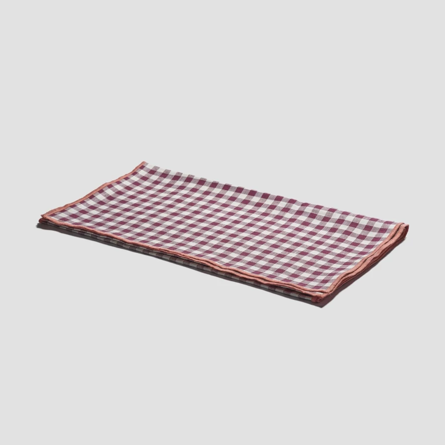 Piglet in Bed Berry Checkered Linen Table Runner - Gingham Kitchen Dining Decor