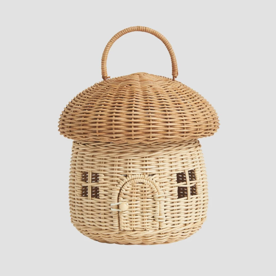 "Piglet in Bed Handwoven Oatmeal Mushroom Basket – Natural Fiber Storage Basket"