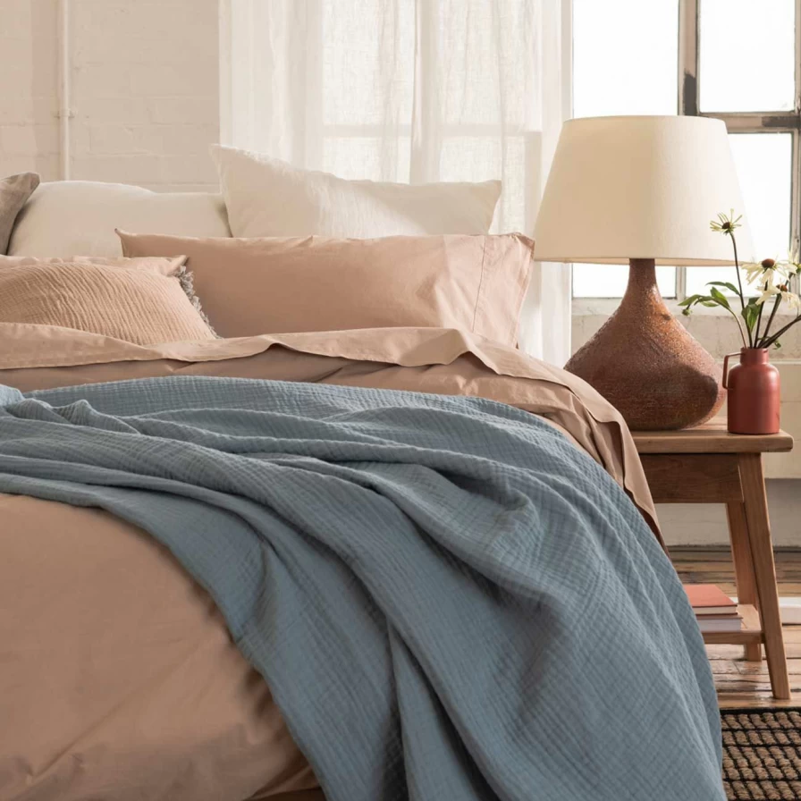 Piglet in Bed Textured Cotton Throw - Warm Blue & Cafe Au Lait Cozy Blanket