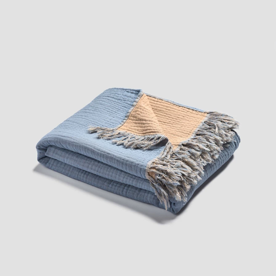 Piglet in Bed Textured Cotton Throw - Warm Blue & Cafe Au Lait Cozy Blanket