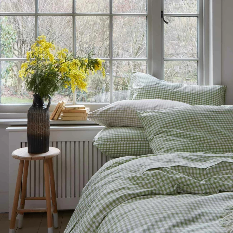 Piglet in Bed Small Gingham Cotton Pillowcase Pair - Pear Print