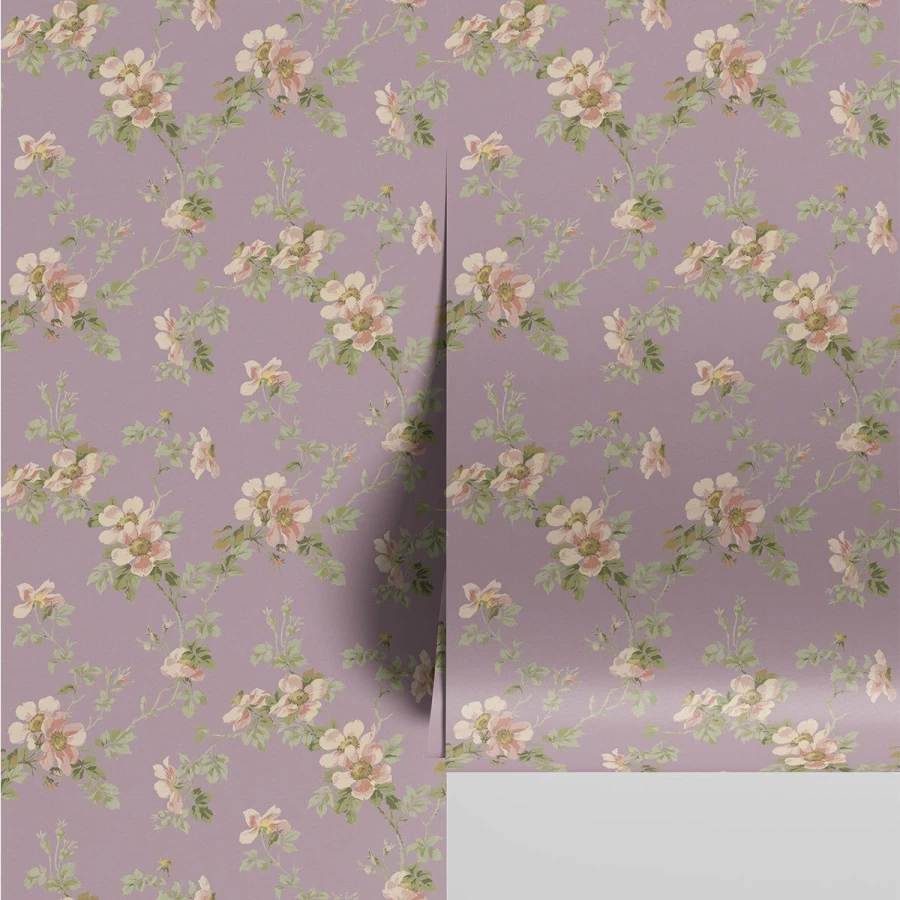"Piglet in Bed Mauve Field Rose Wallpaper – Floral Peel and Stick Wallpaper for Home Decor"