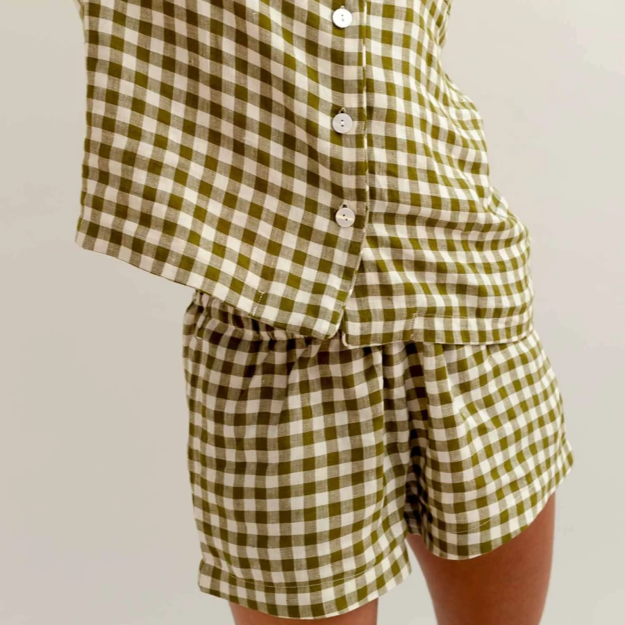 Piglet in Bed Women's Botanical Green Gingham Linen Pajama Shorts - Comfortable Sleepwear