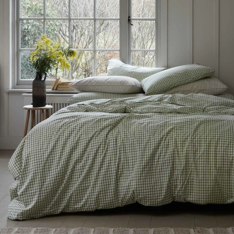 Piglet in Bed Small Gingham Cotton Duvet Cover - Pear Green Checkered Pattern