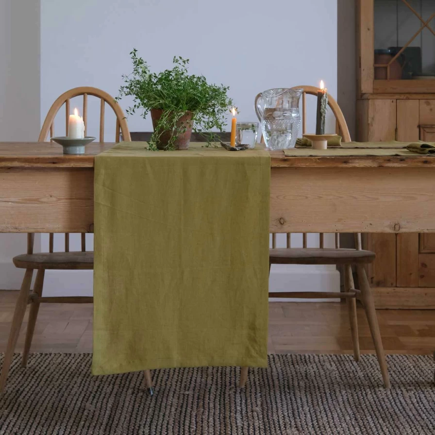 Piglet in Bed Botanical Green 100% Linen Table Runner - Eco-Friendly Dining Decor