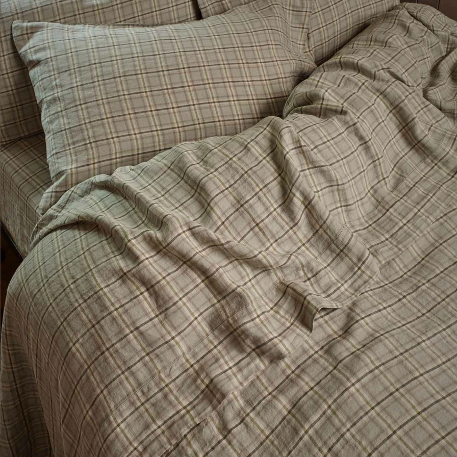 Piglet in Bed Laurel Green Check 100% Linen Flat Sheet – Organic & Breathable