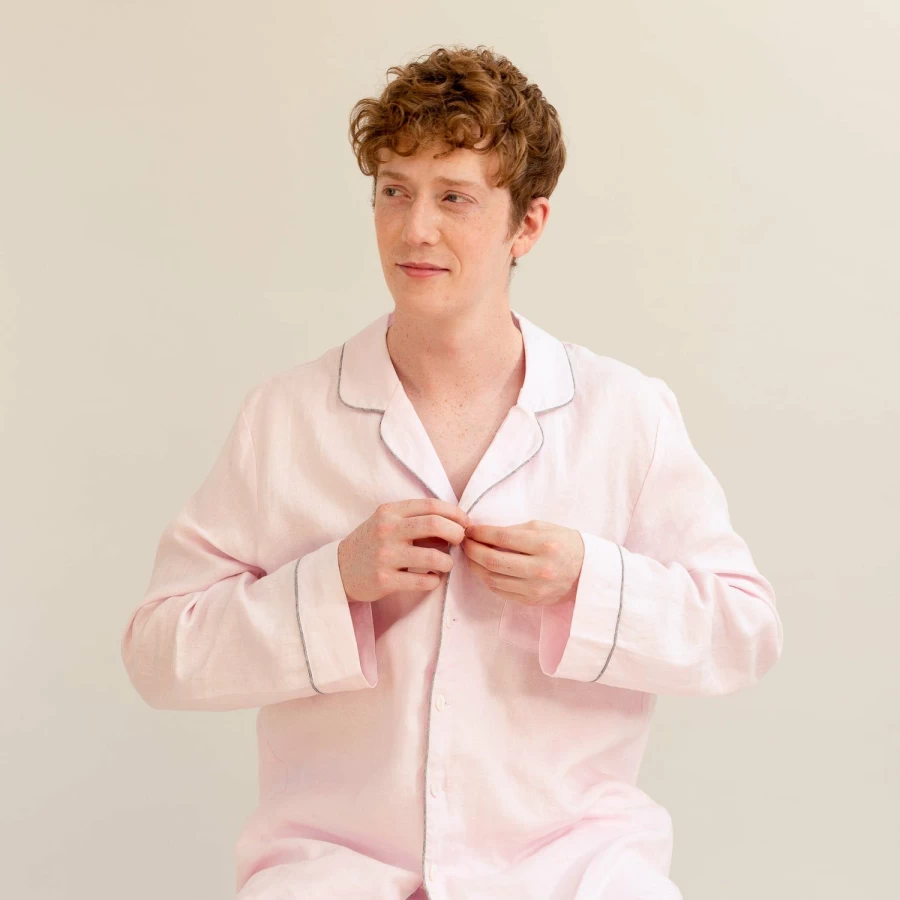 Piglet in Bed Men's Blush Pink Linen Sleep Shirt - Relaxing Sleepwear Top