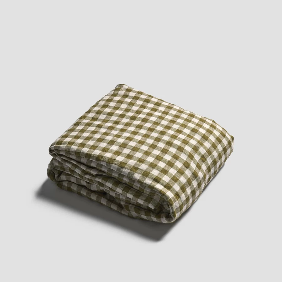 Piglet in Bed Botanical Green Gingham Linen Fitted Sheet - Organic Cotton Bedding, Double/King Size