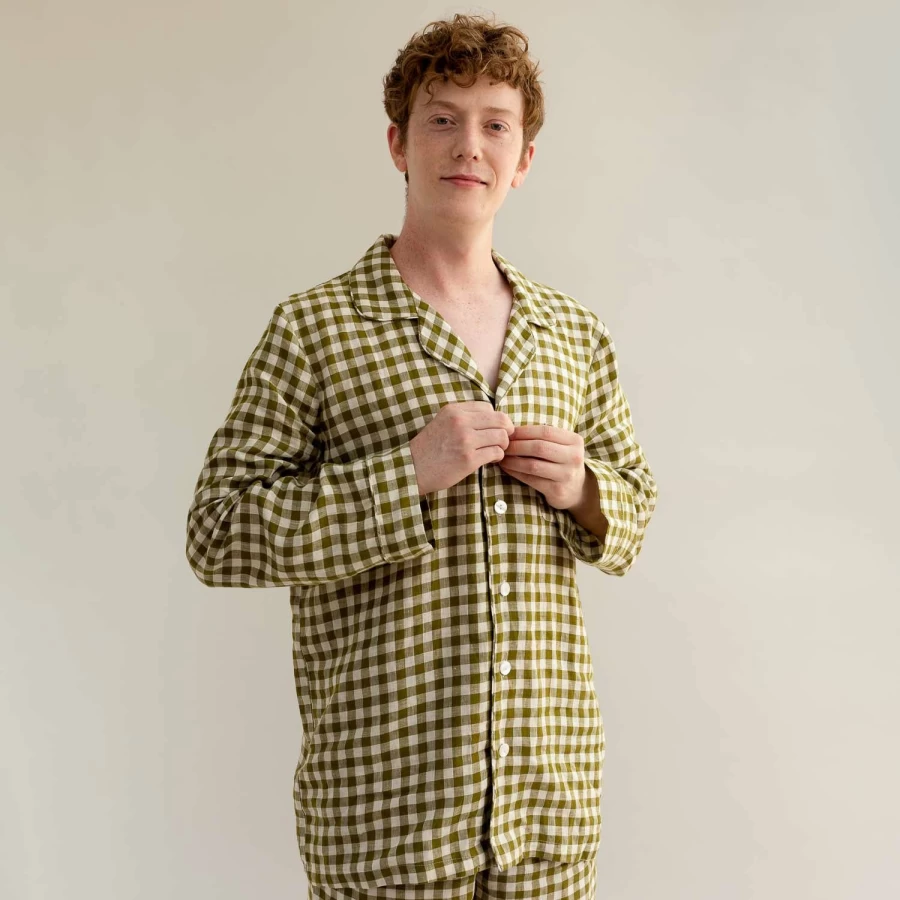 Piglet in Bed Men's Botanical Green Gingham Linen Shirt - Relaxed Fit Sleepwear & Loungewear