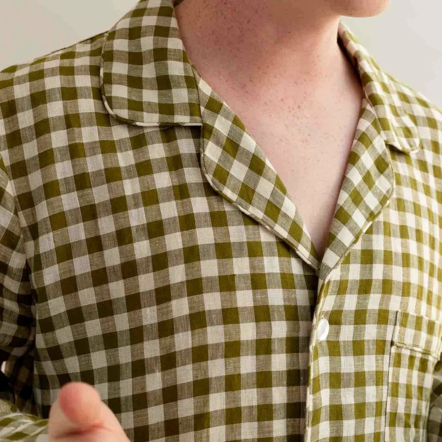 Piglet in Bed Men's Botanical Green Gingham Linen Shirt - Relaxed Fit Sleepwear & Loungewear