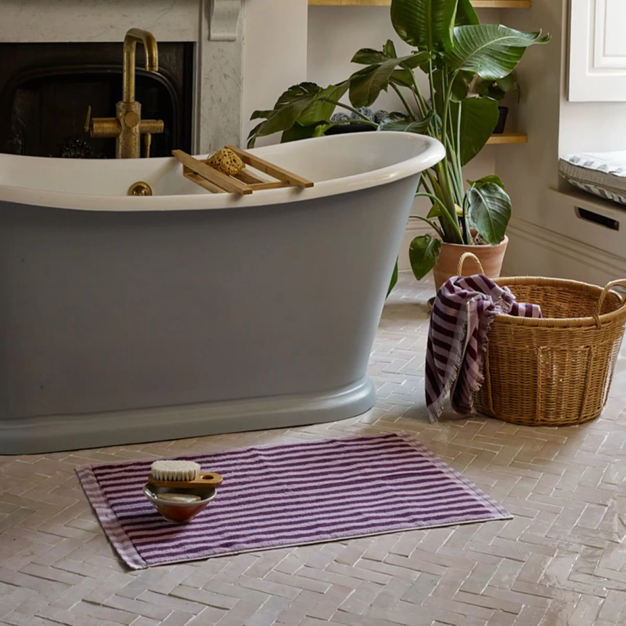 Piglet in Bed Berry Mauve Stripe Cotton Bath Mat - Soft & Absorbent Pembroke Design