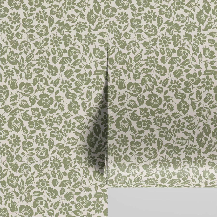 "Piglet in Bed Sage Meadow Floral Wallpaper – Botanical Print Home Decor"