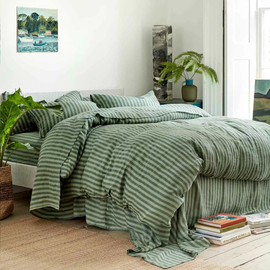 Piglet in Bed Pine Green Striped Linen Duvet Cover – Organic & Sustainable Bedding
