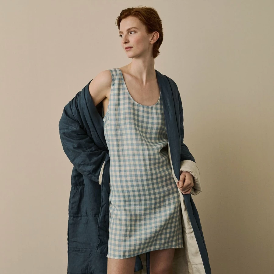 "Piglet in Bed Blue Gingham Linen Nightdress – Soft & Comfortable Sleepwear"