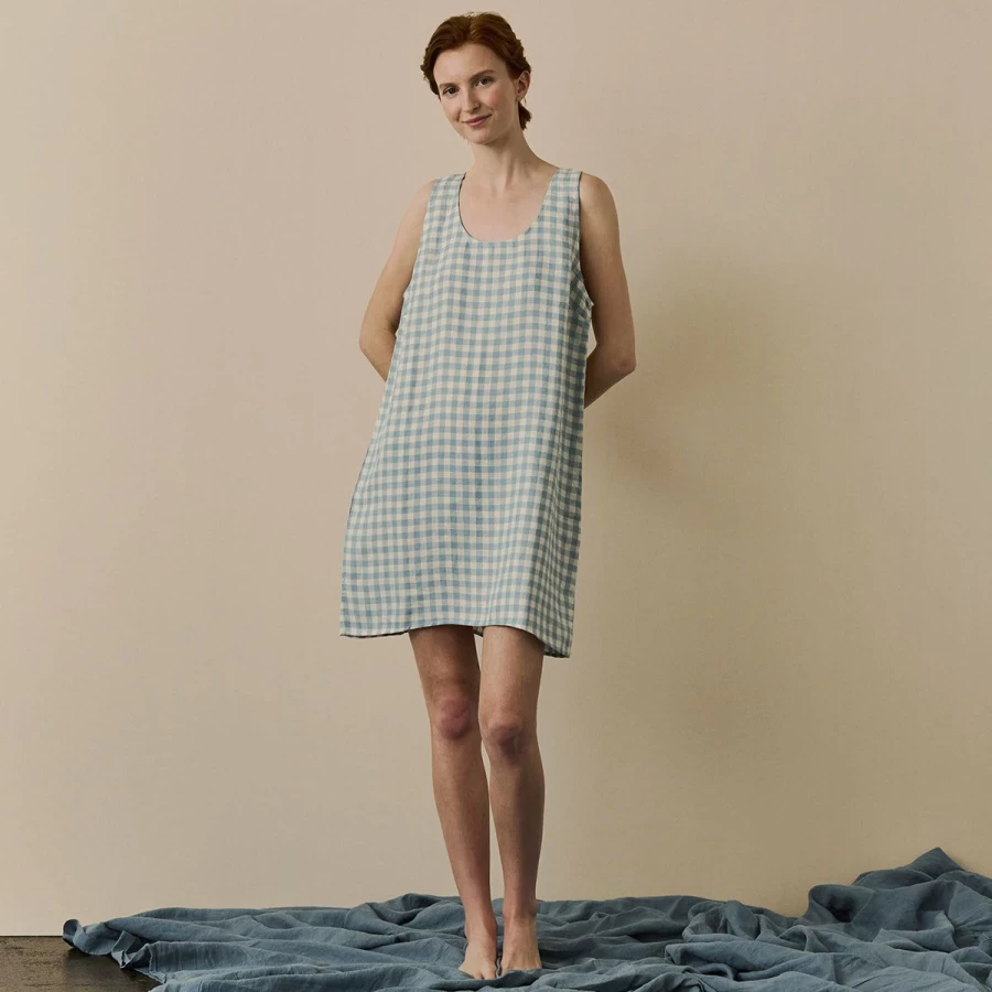 "Piglet in Bed Blue Gingham Linen Nightdress – Soft & Comfortable Sleepwear"