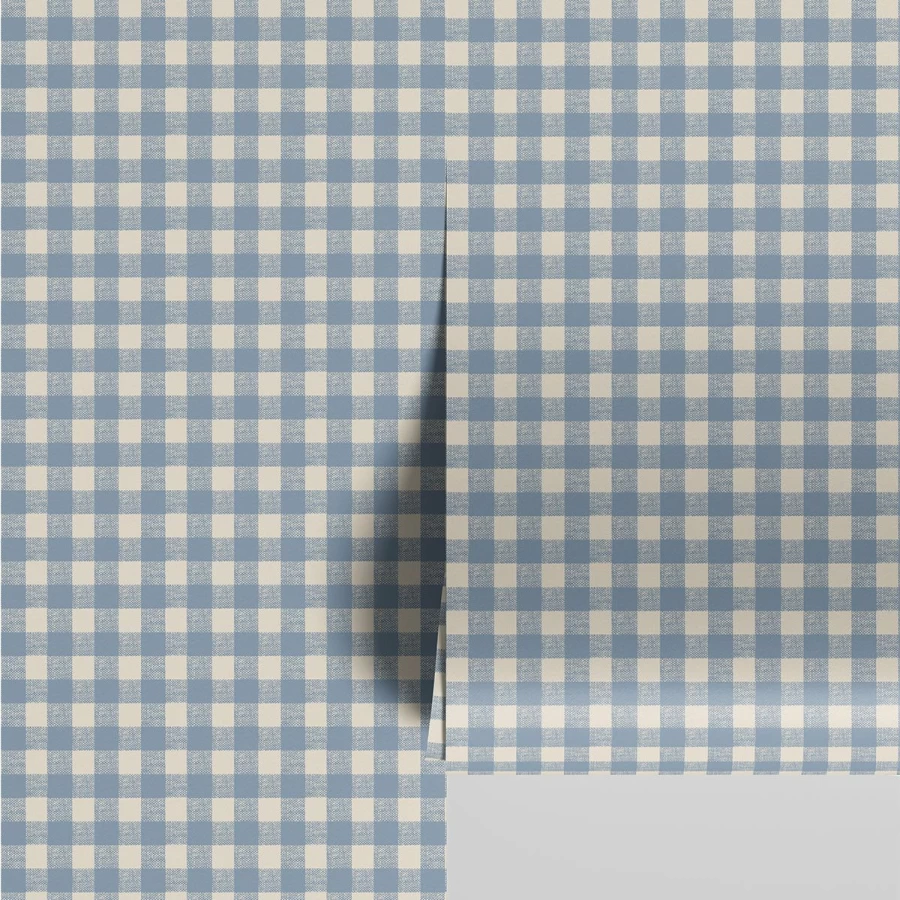"Piglet in Bed Dusty Blue Gingham Wallpaper – Premium Peel & Stick Wallpaper for Home Decor"