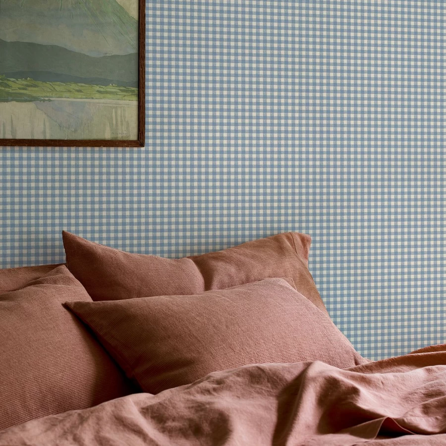 "Piglet in Bed Dusty Blue Gingham Wallpaper – Premium Peel & Stick Wallpaper for Home Decor"