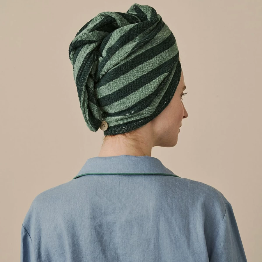 Piglet in Bed Pine Green Stripe Cotton Hair Towel Wrap for Women | Soft & Absorbent