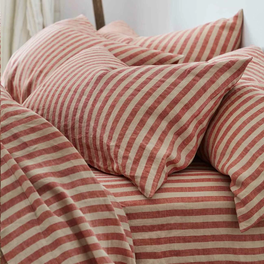 Piglet in Bed Sandstone Red Pembroke Stripe Linen Pillowcase Pair - 100% Natural European Flax