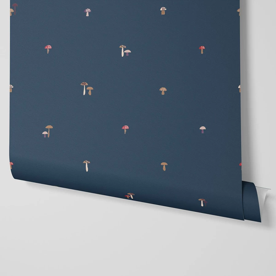 "Piglet in Bed Moonlit Blue Mushrooms Wallpaper – Botanical Nature-Themed Peel & Stick Decor"